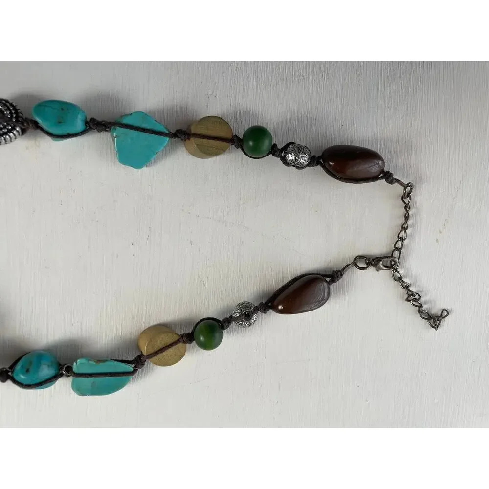 Vintage Faux Turquoise Necklace Howlite Glass Wood Metal Beading Leather Cord‎